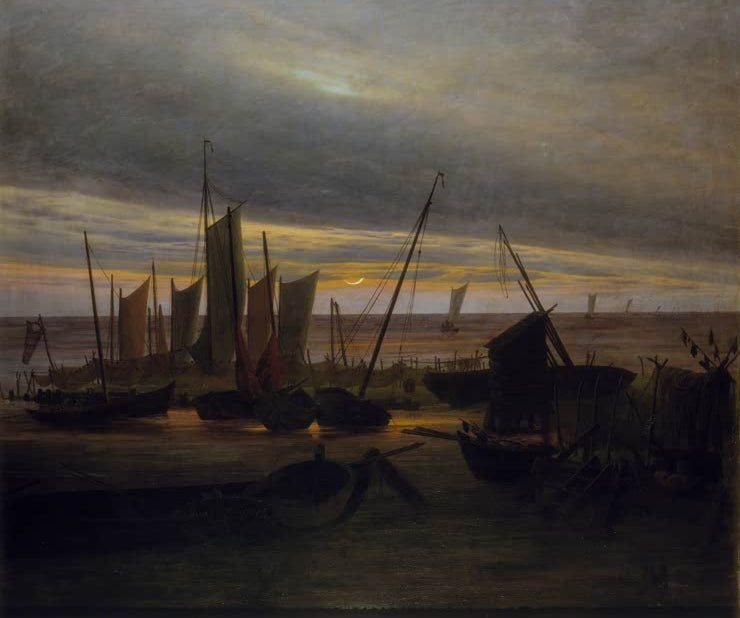 „Schiffe im Hafen am Abend“ von Caspar David Friedrich – romantische Hafenszene mit Segelschiffen im warmen Abendlicht.
