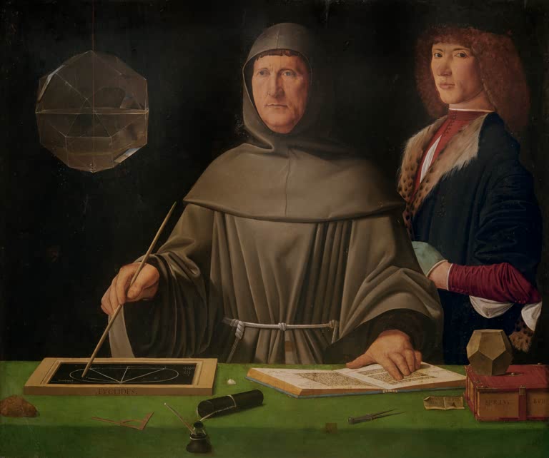 Jacopo de’ Barbari "Luca Pacioli" – Renaissance-Porträt eines Gelehrten mit geometrischen Figuren.