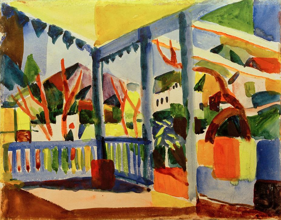 Terrasse eines Landhauses mit Bäumen, expressionistisch gemalt von August Macke.