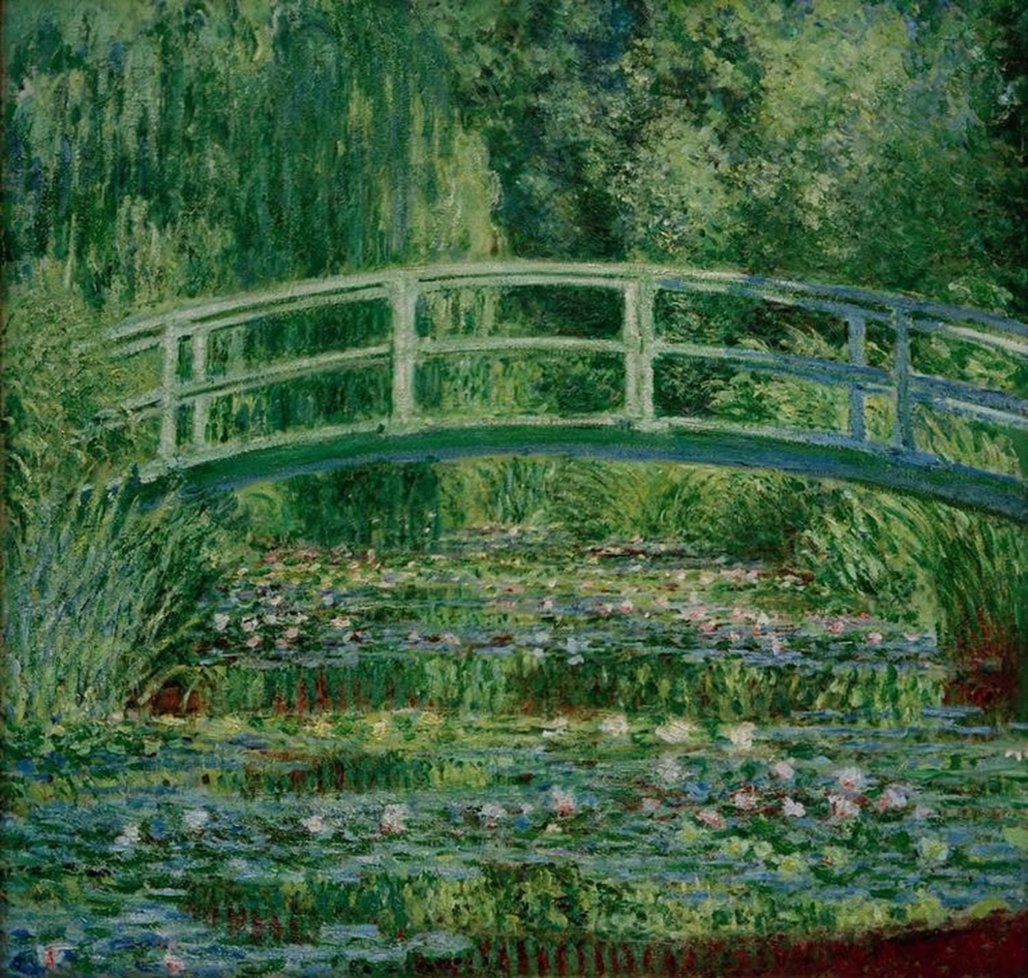 Der Seerosenteich, Brücke über einen Seerosenteich von Claude Monet: Impressionistisches Gemälde mit einer Holzbrücke über einem Teich voller Seerosen, umgeben von üppigem Grün und zarten Reflexionen auf dem Wasser.