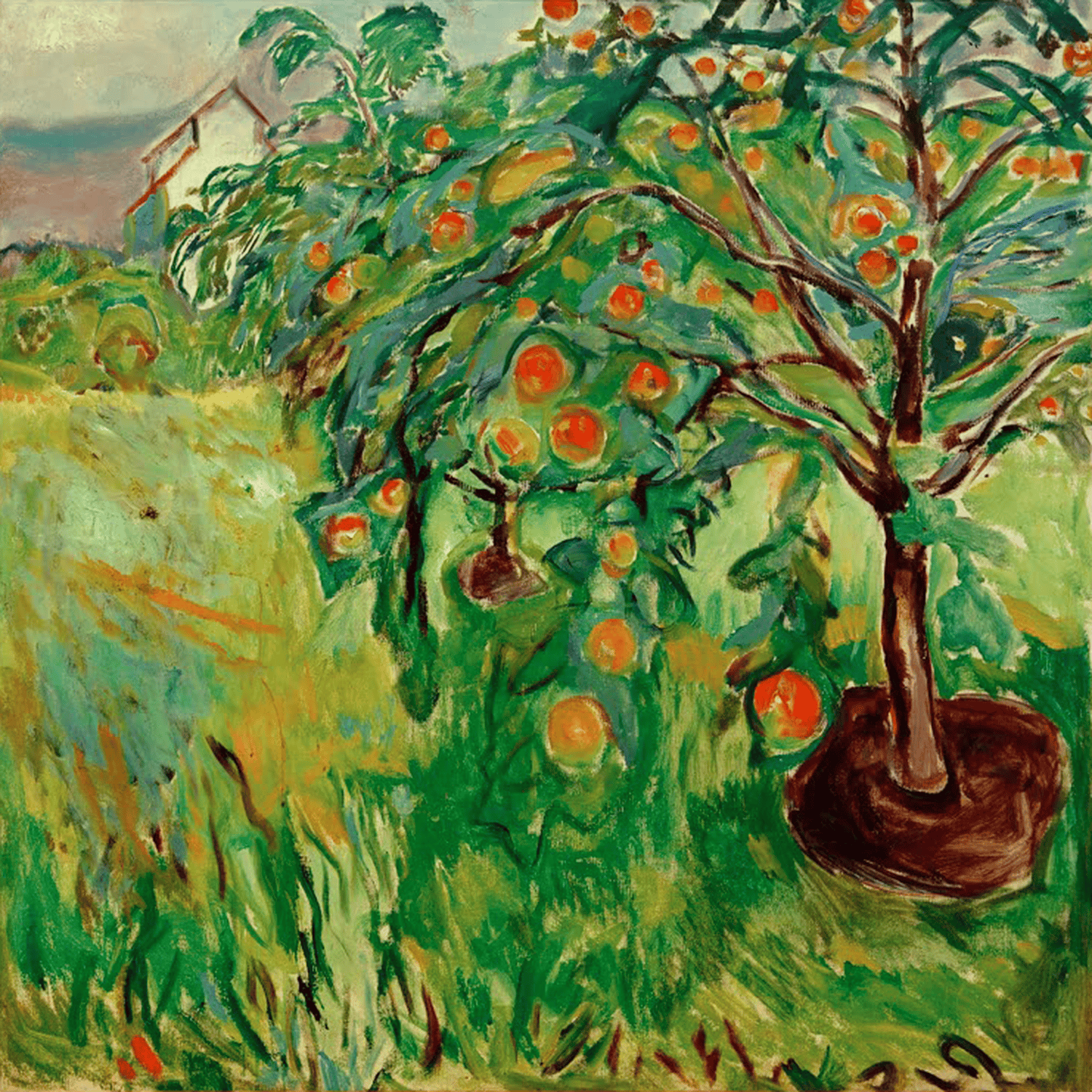 Gemälde „Apfelbaum am Atelier“ von Edvard Munch mit üppigem Apfelbaum und Künstleratelier