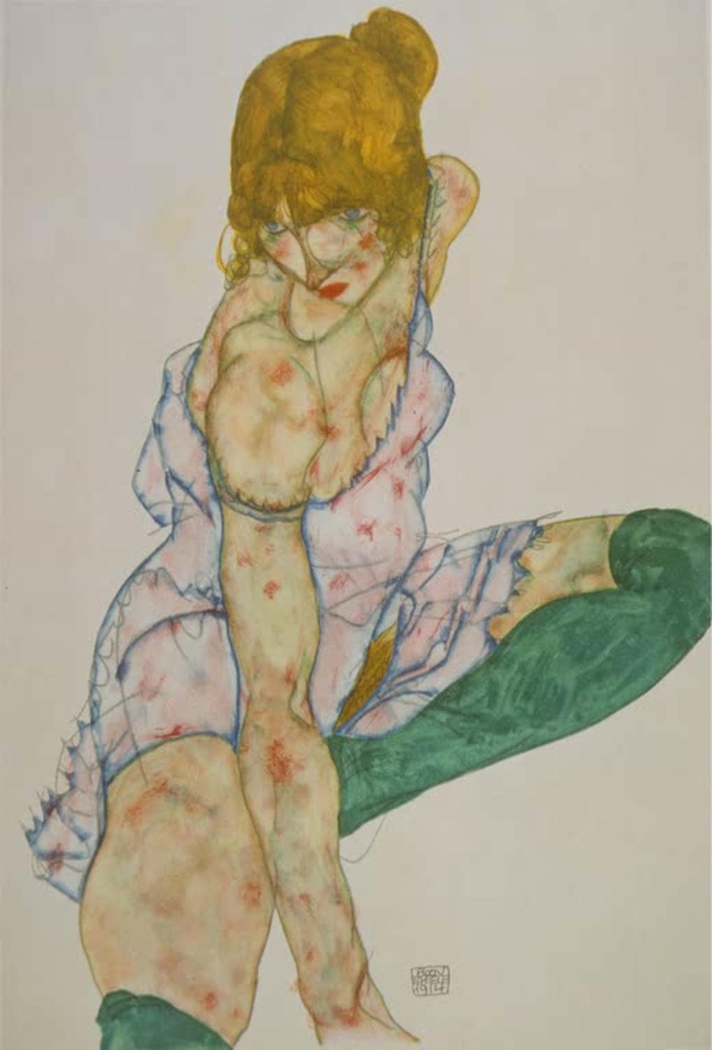 Blondes Mädchen mit grünen Strümpfen | Egon Schiele