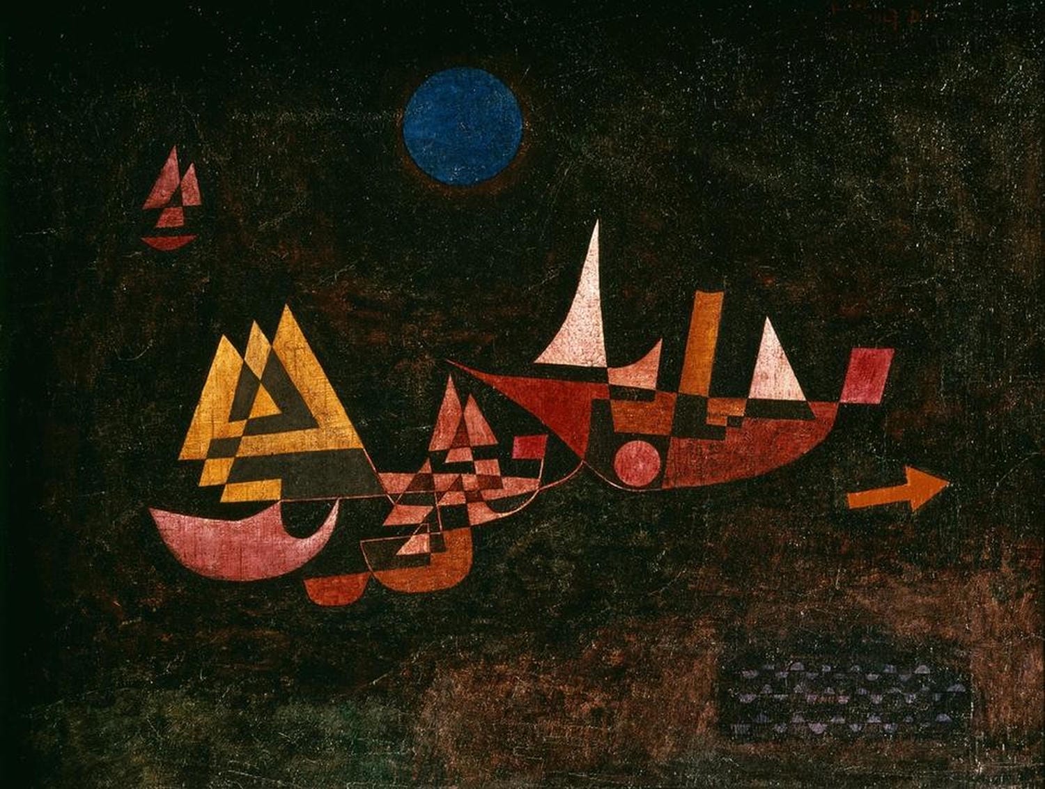 Abstrakte Darstellung von Schiffen und Wasser in geometrischen Formen – Gemälde "Abfahrt der Schiffe" von Paul Klee, 1927