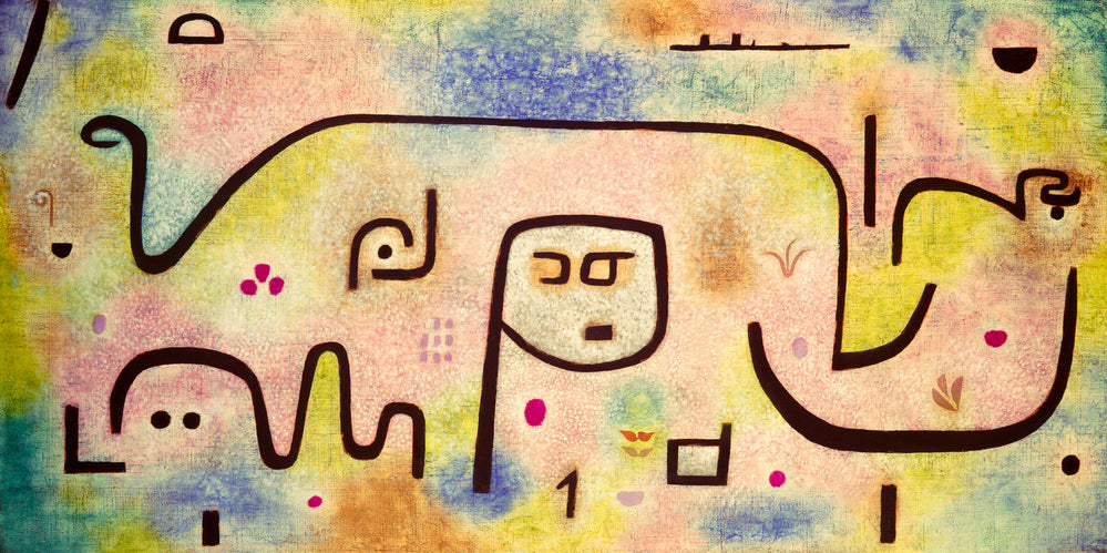 Abstrakte Insel mit geometrischen Formen und leuchtenden Farben in Komposition von Paul Klee.