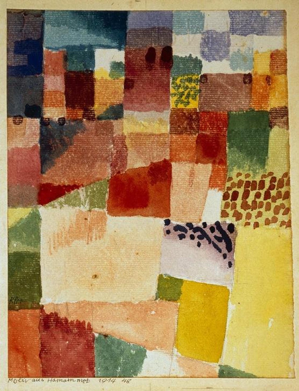 Abstraktes Gemälde mit geometrischen Formen und leuchtenden Farben, inspiriert von Hammamet, von Paul Klee.