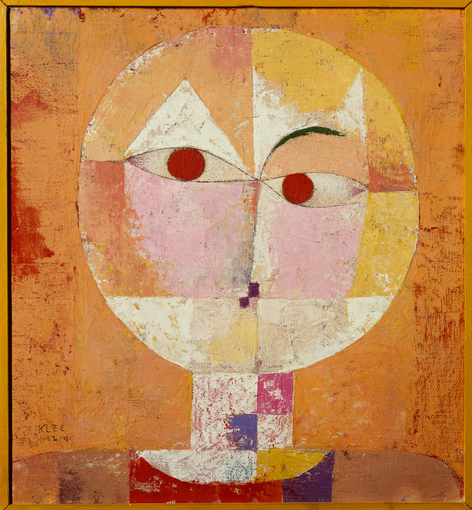 Paul Klees 'Senecio' (Baldgreis), zeigt ein stilisiertes Porträt eines älteren Mannes, das mit geometrischen Formen und kräftigen Farben abstrahiert wurde.