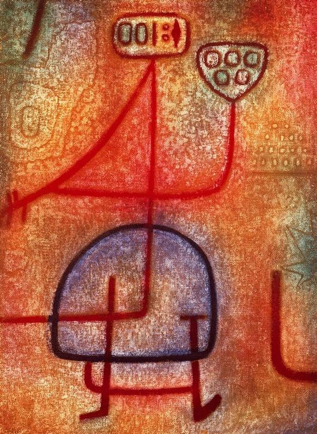 Abstrakte Darstellung einer Gärtnerin mit farbigen Flächen und Symbolformen – Gemälde "La belle Jardinière" von Paul Klee, 1939