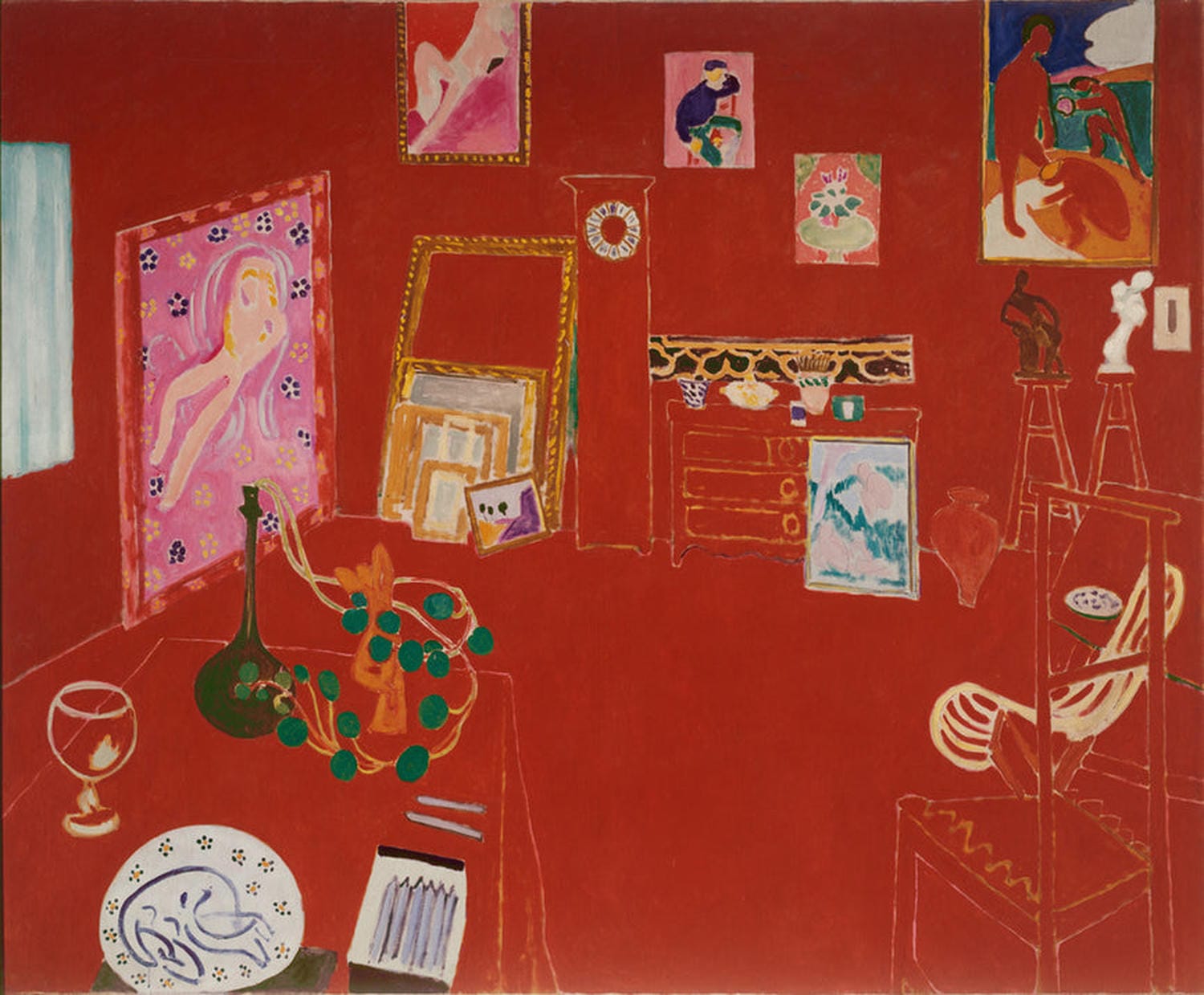 Kunstdruck von Henri Matisses Das rote Atelier, das den Künstler in seinem Atelier mit seinen Werken zeigt, umgeben von einem leuchtend roten Raum.