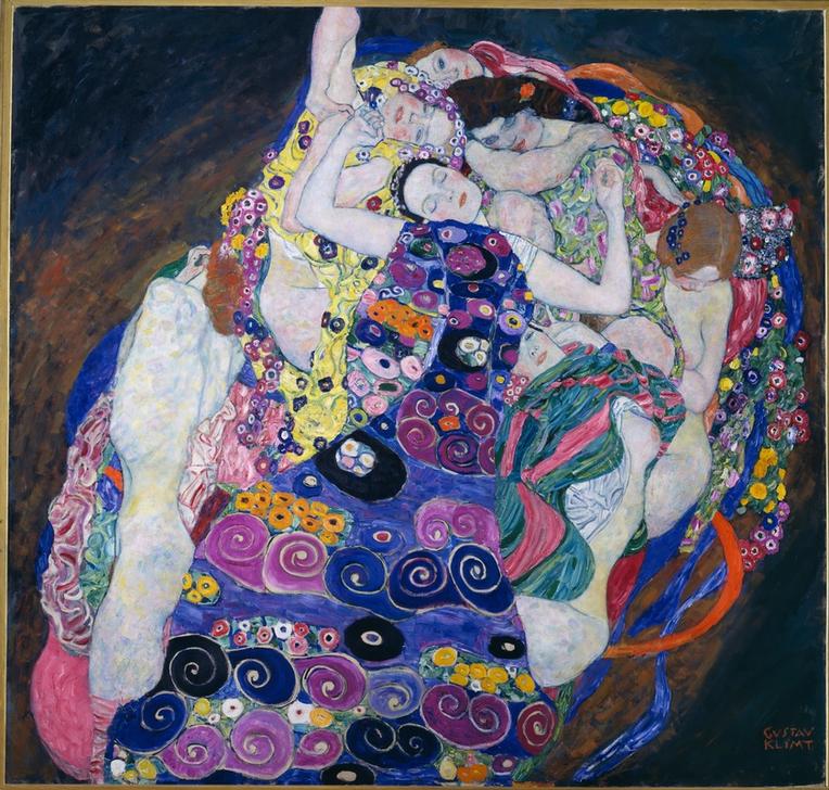 „Die Jungfrau“ von Gustav Klimt: Darstellung ineinander verschlungener Frauenfiguren, umgeben von leuchtenden Farben und dekorativen Mustern im Jugendstil.