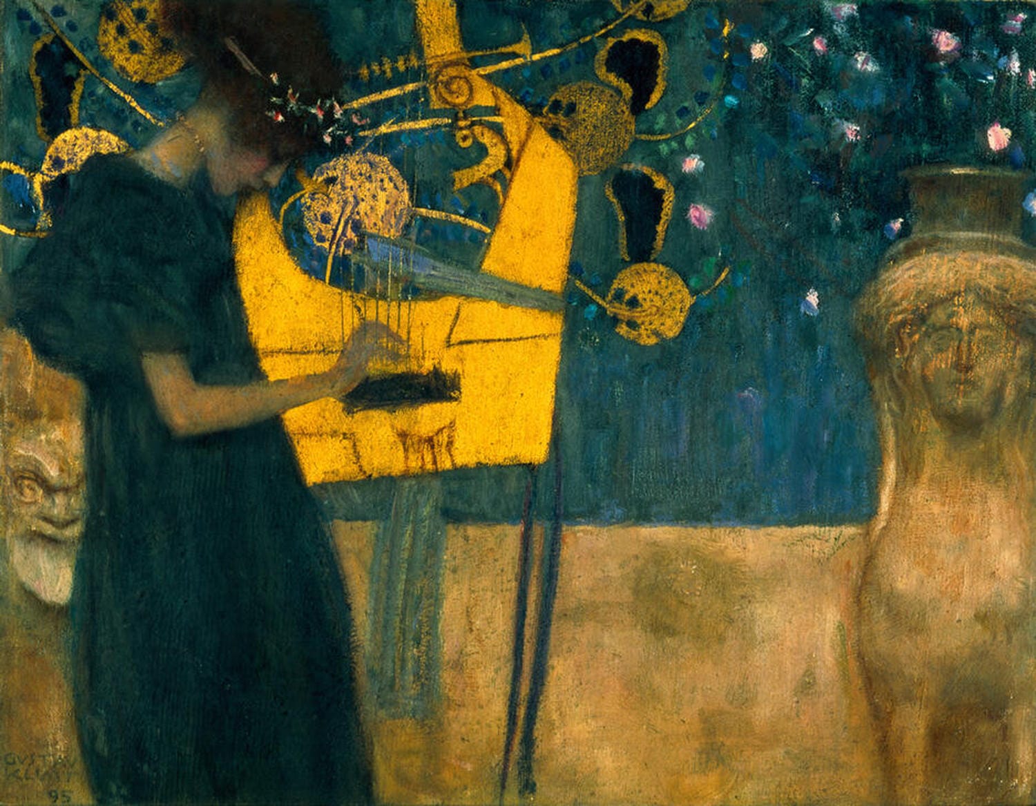 Allegorische Frau mit Leier vor ornamentalem Hintergrund – Gemälde "Die Musik" von Gustav Klimt, 1895