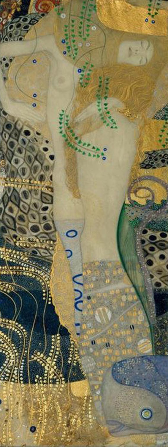 Jugendstilgemälde von Gustav Klimt mit zwei weiblichen Figuren in ornamentaler, wasserähnlicher Umgebung.
