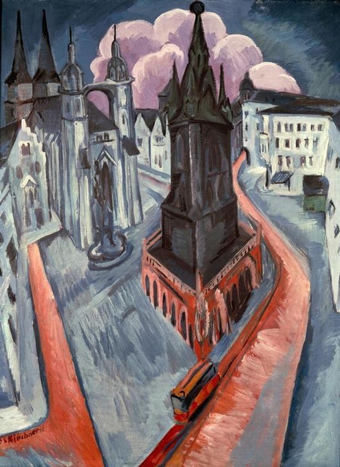 Expressionistische Stadtansicht mit rotem Turm und bewegter Platzszene – Gemälde "Roter Turm in Halle" von Ernst Ludwig Kirchner