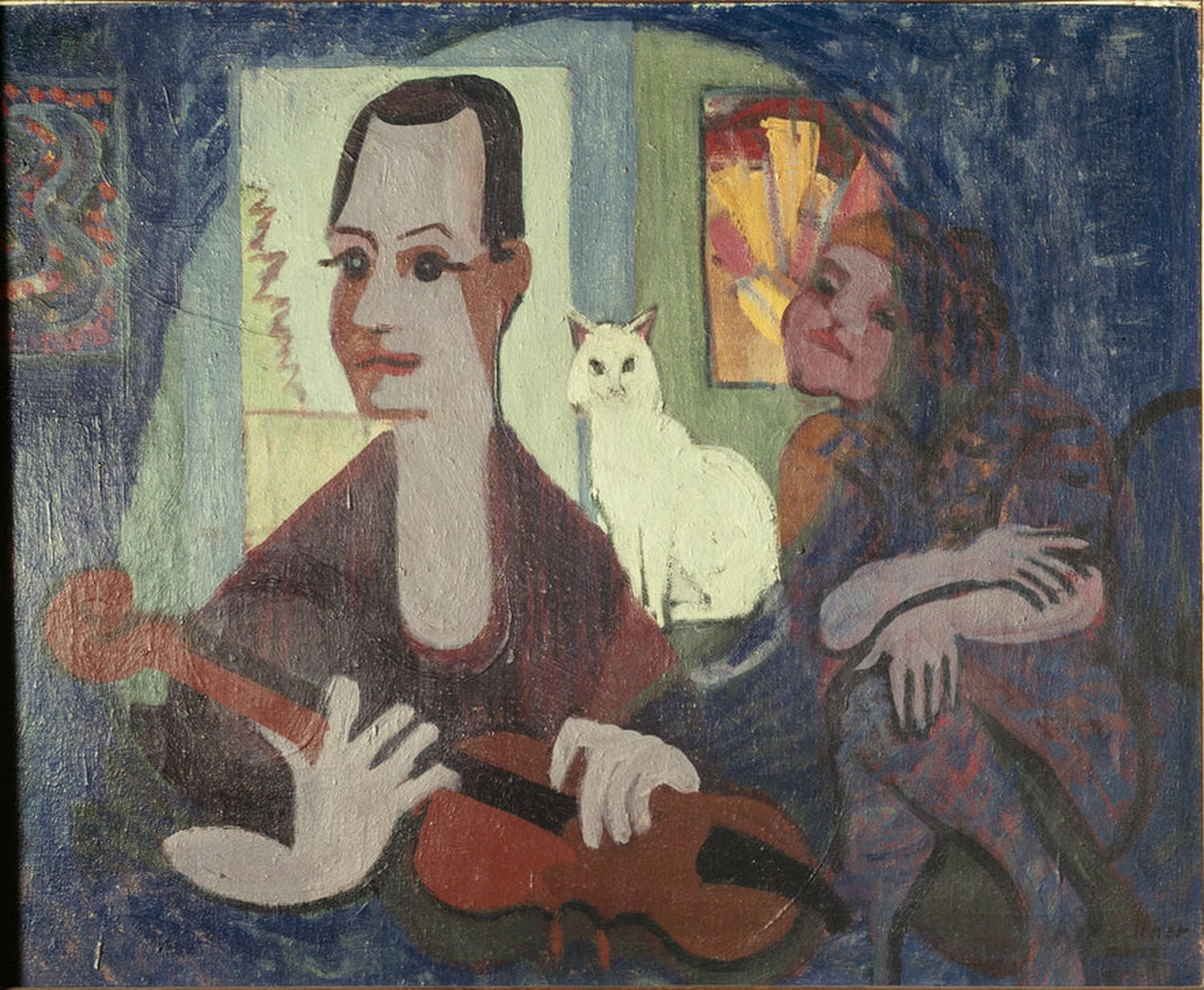 Abstrakte Figurenszene mit Gitarre, Katze und rhythmischen Farbflächen – Gemälde "Hommage à Klee" von Ernst Ludwig Kirchner
