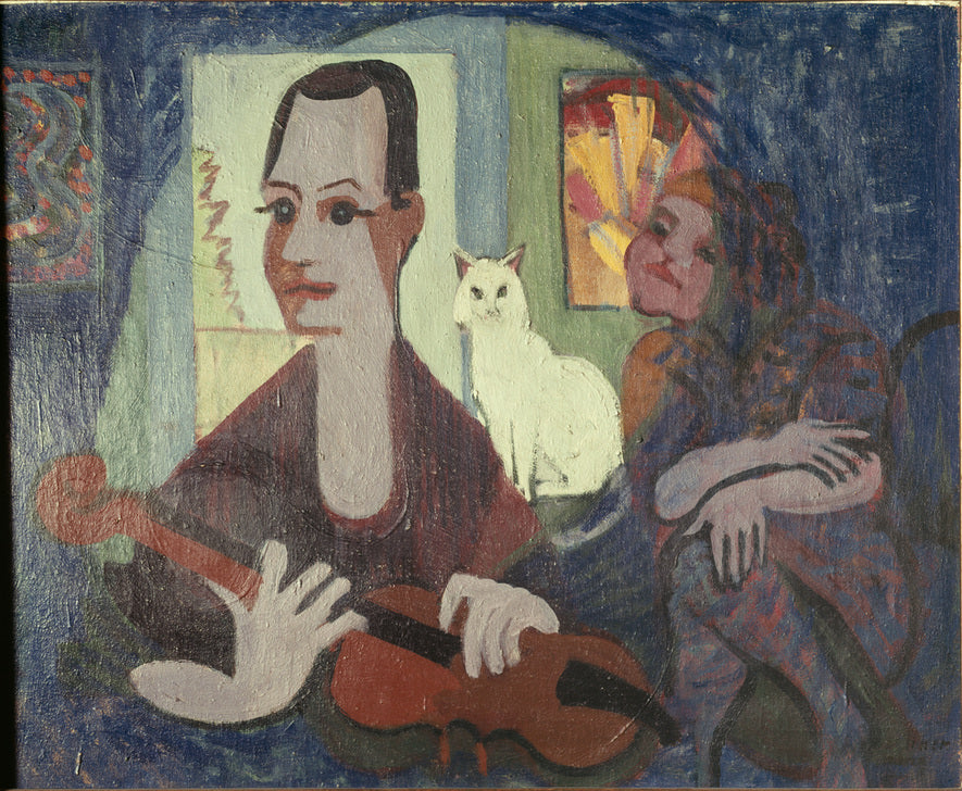 Abstrakte Figurenszene mit Gitarre, Katze und rhythmischen Farbflächen – Gemälde "Hommage à Klee" von Ernst Ludwig Kirchner