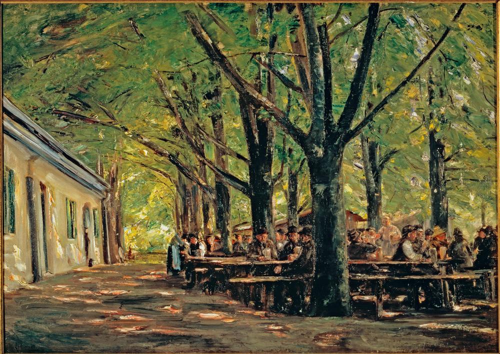 Gemälde 'Biergarten in Brannenburg' von Max Liebermann: Impressionistische Darstellung eines Biergartens unter schattigen Bäumen, mit geselligen Menschen und lebendigem Licht- und Schattenspiel.