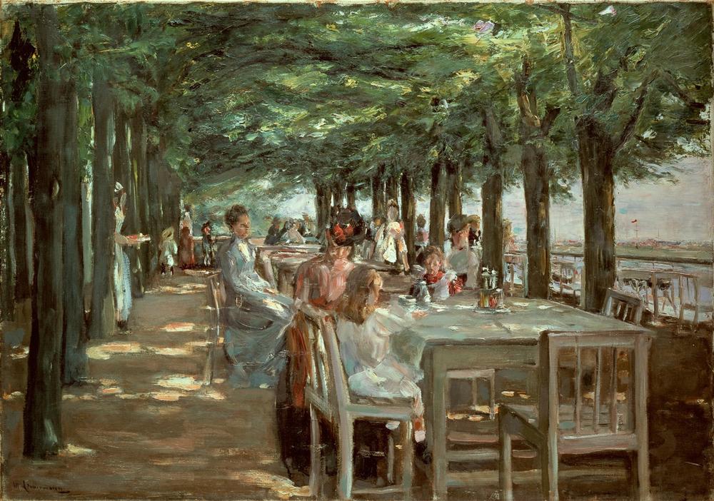 Gemälde 'Terrasse im Restaurant Jacob in Nienstedten an der Elbe' von Max Liebermann: Impressionistische Darstellung einer sommerlichen Terrasse mit Gästen unter schattigen Bäumen, im Hintergrund die Elbe.