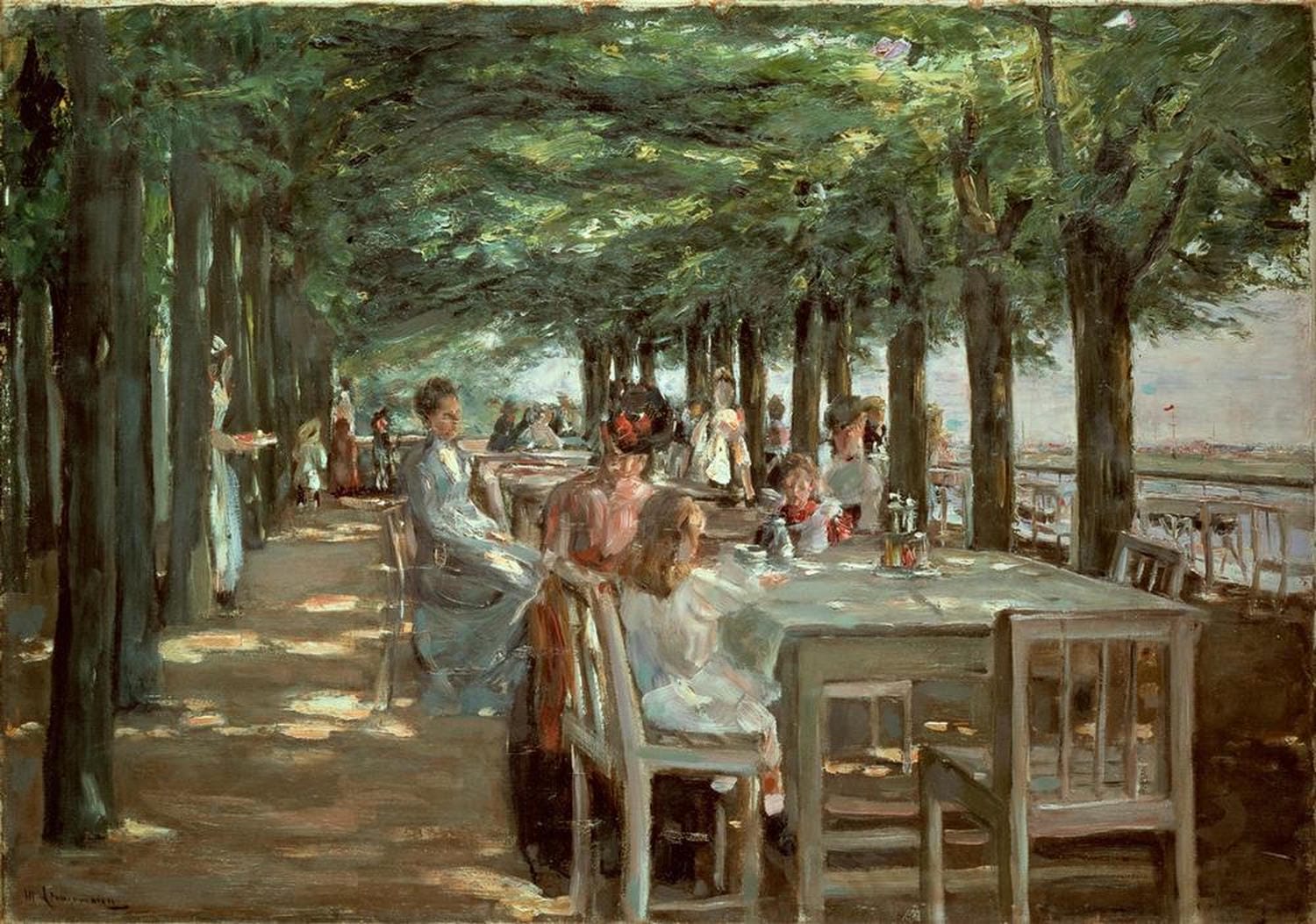 Die Terrasse im Restaurant Jacob in Nienstedten an der Elbe – impressionistisches Gemälde von Max Liebermann mit Gästen auf einer Terrasse am Wasser.