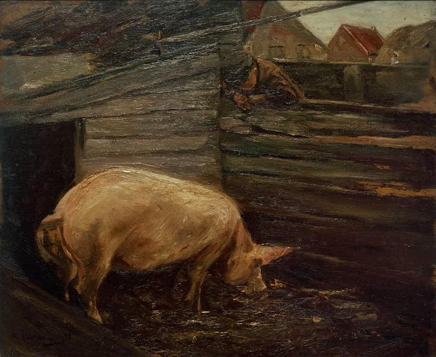 Bauernjunge betreut Schweine im Koben, dargestellt in lebendigen Farben, die Bewegung und den bäuerlichen Alltag betonen.