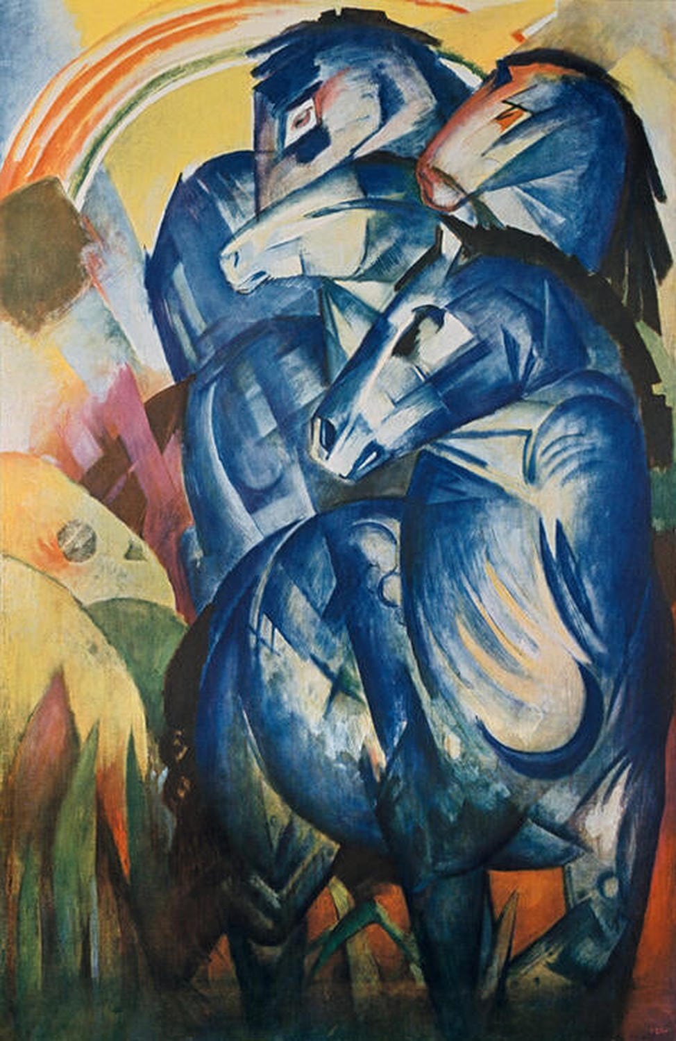 Der Turm der blauen Pferde von Franz Marc: Eine Gruppe blauer Pferde in turmartiger Formation, dargestellt in intensiven Farben und geometrischen Formen.