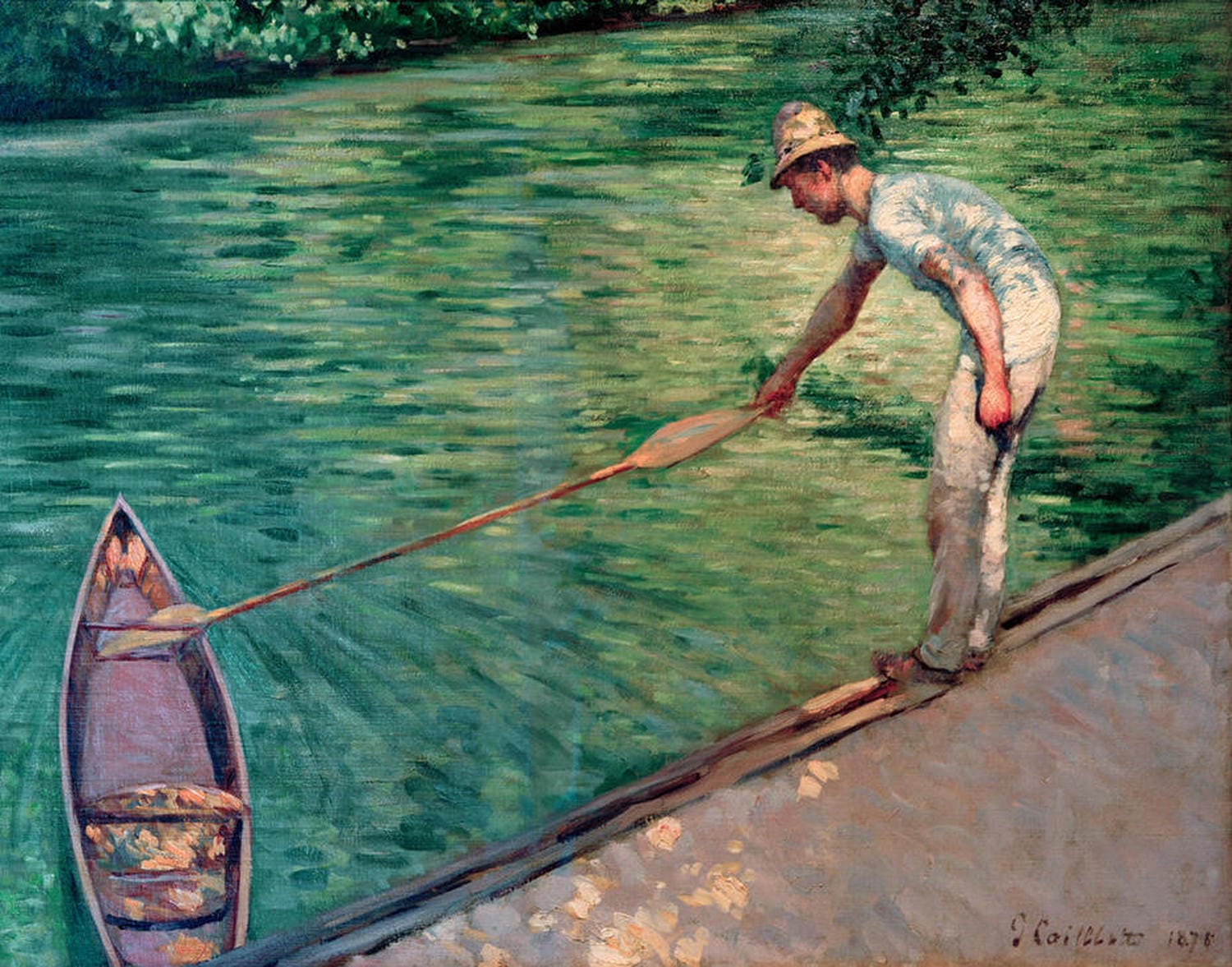 "Paddler zieht sein Paddelboot zu sich heran" – Impressionistisches Gemälde von Gustave Caillebotte, ruhige Szene auf dem Wasser.