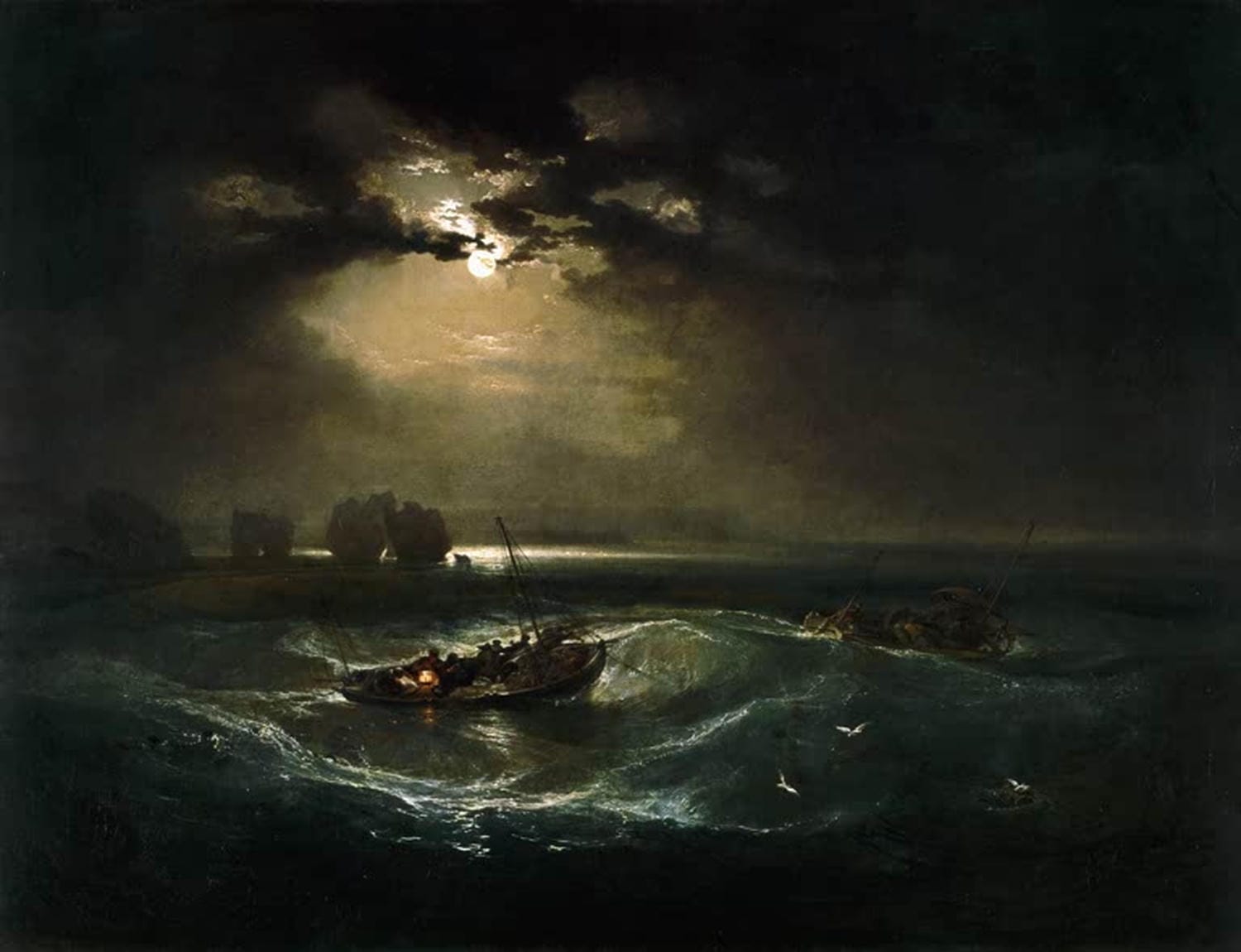 Fischerboot auf stürmischer See unter dramatischem Himmel, Gemälde „Fischer auf See“ von William Turner als Kunstdruck