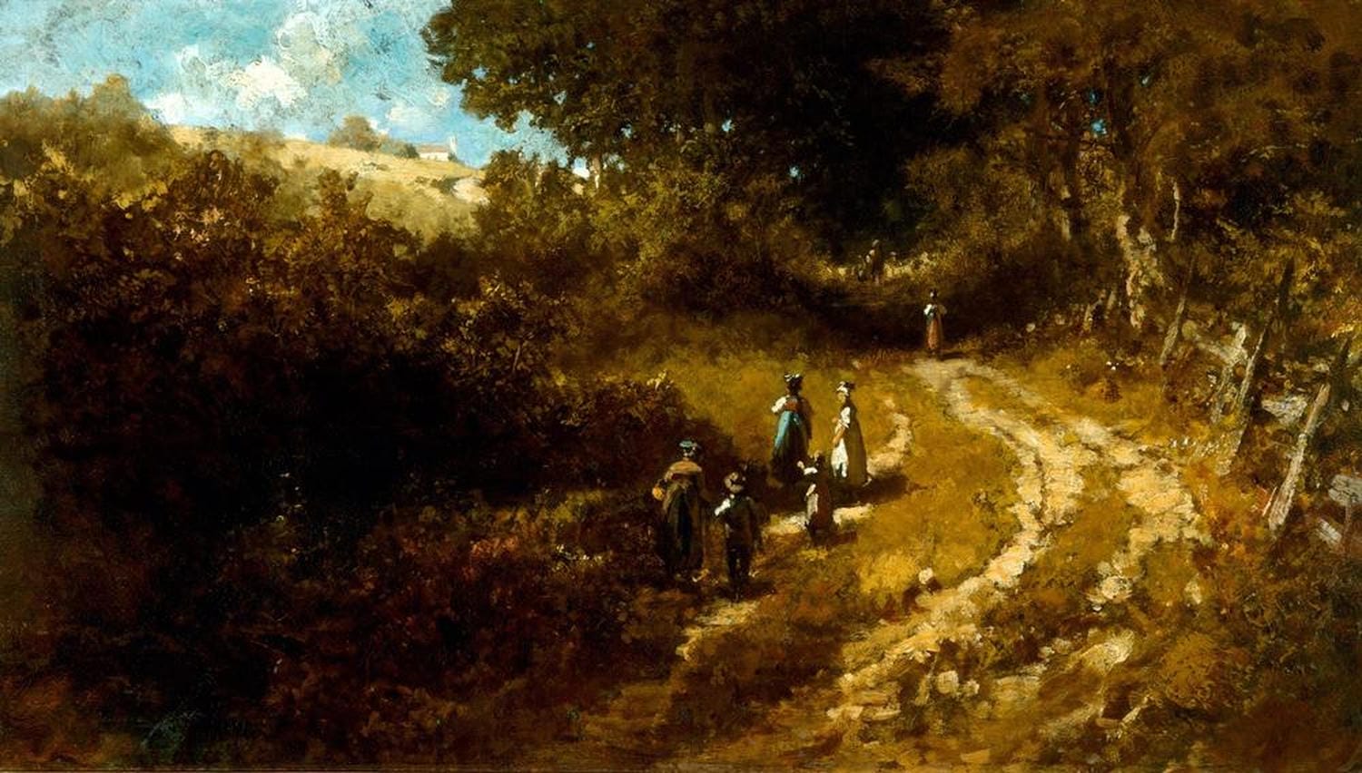 Ländliche Szene mit Dorfbewohnern auf dem Weg zur Kirche in hügeliger Landschaft – Gemälde "Kirchgang bei Dachau" von Carl Spitzweg