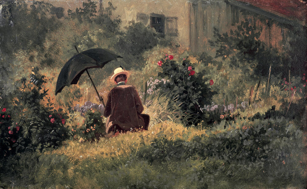 Carl Spitzweg beim Skizzieren im sonnigen Garten unter Bäumen – Gemälde "Der Maler im Garten" (Selbstbildnis) von Carl Spitzweg