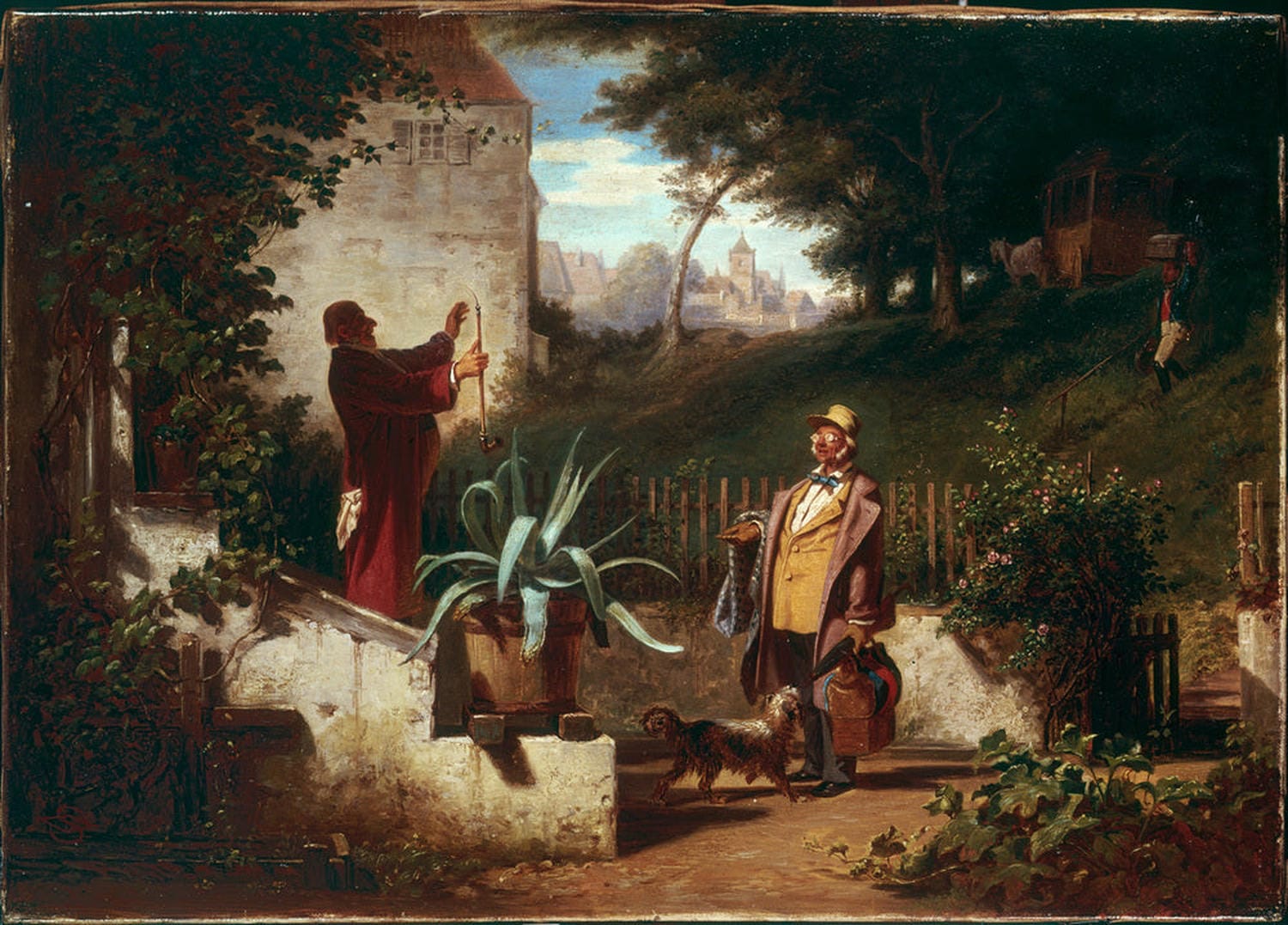 Kunstreproduktion von Carl Spitzwegs Die Jugendfreunde – zwei ältere Männer beim Spaziergang durch eine friedliche Landschaft.