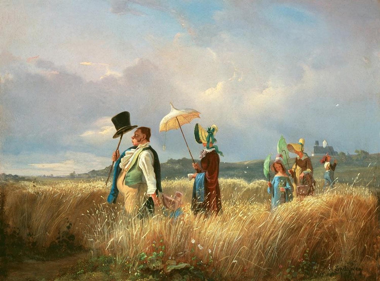 Zwei Herren im Gehrock bei einem Spaziergang durch hügelige Landschaft – Gemälde "Der Sonntagsspaziergang" von Carl Spitzweg