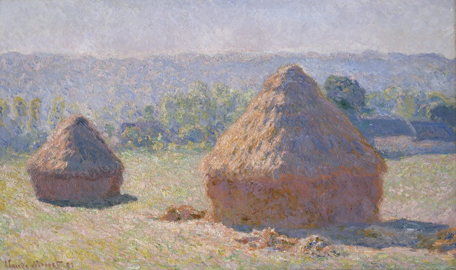 Heuschober, Ende des Sommers von Claude Monet: Impressionistisches Gemälde eines Heuschobers in sanften Herbstfarben, das die Lichtstimmung und die Ruhe des späten Sommers einfängt