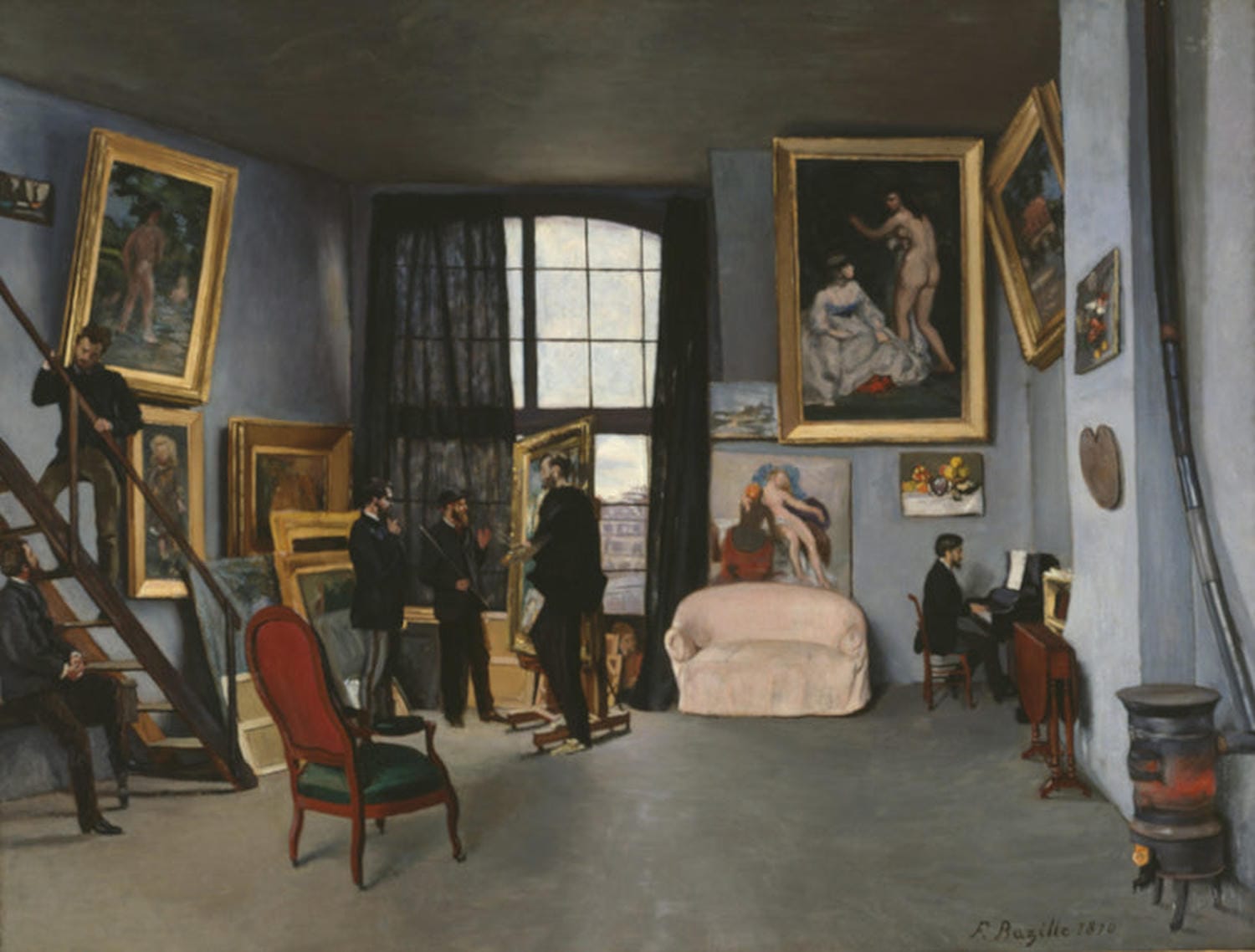 Frederic Bazille Gemälde „Das Atelier des Künstlers in der Rue de la Condamine“ – impressionistische Darstellung eines Künstlerateliers mit Malutensilien und Figuren.