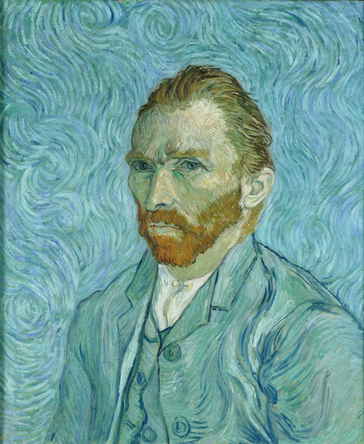 Selbstbildnis von Vincent van Gogh mit intensivem Blick und charakteristischen Pinselstrichen im Hintergrund.