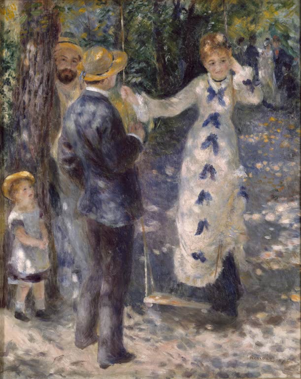 Impressionistisches Gemälde "Die Schaukel" von Pierre-Auguste Renoir mit einer jungen Frau auf einer Schaukel, beobachtet von zwei Männern und einem Mädchen in sommerlicher Gartenlandschaft.