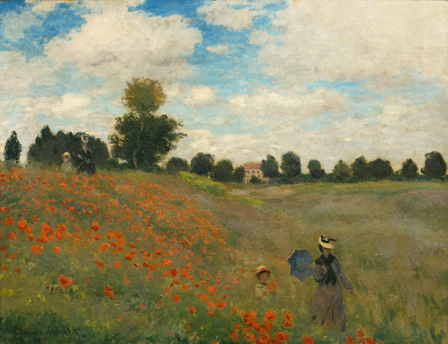 Impressionistisches Gemälde von Claude Monet mit einem roten Mohnfeld, Figuren im Hintergrund und blauem Himmel.