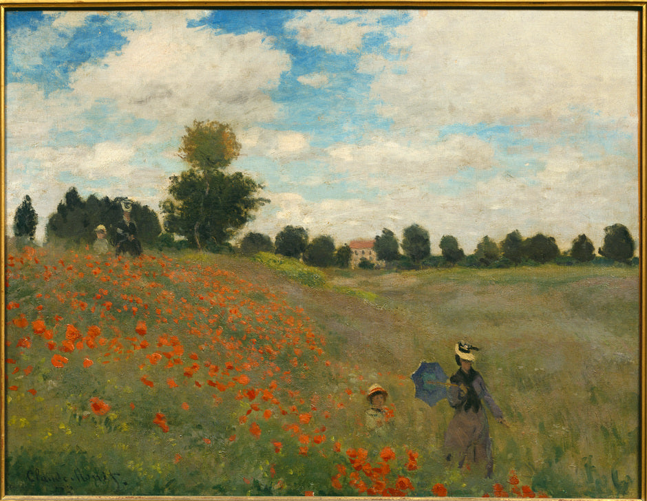 Impressionistisches Gemälde von Claude Monet mit einem roten Mohnfeld, Figuren im Hintergrund und blauem Himmel.
