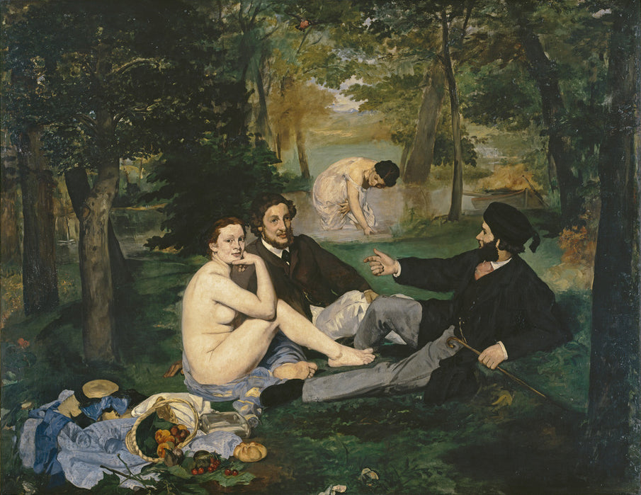 Das Frühstück im Grünen von Édouard Manet: Eine nackte Frau sitzt zwischen zwei bekleideten Männern in einer Waldlandschaft, ikonisches Werk der modernen Malerei.
