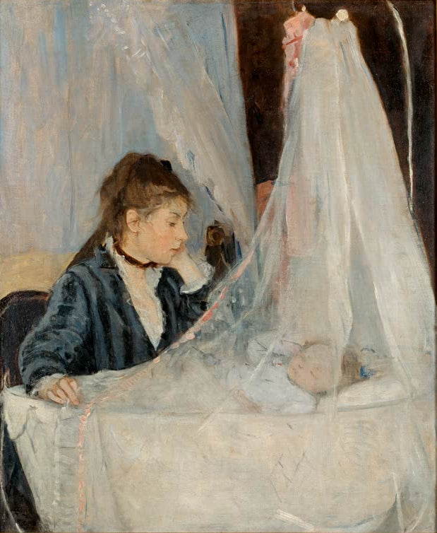„Die Wiege“ von Berthe Morisot – junge Frau neben einer Wiege mit schlafendem Kind in impressionistischer Malweise.