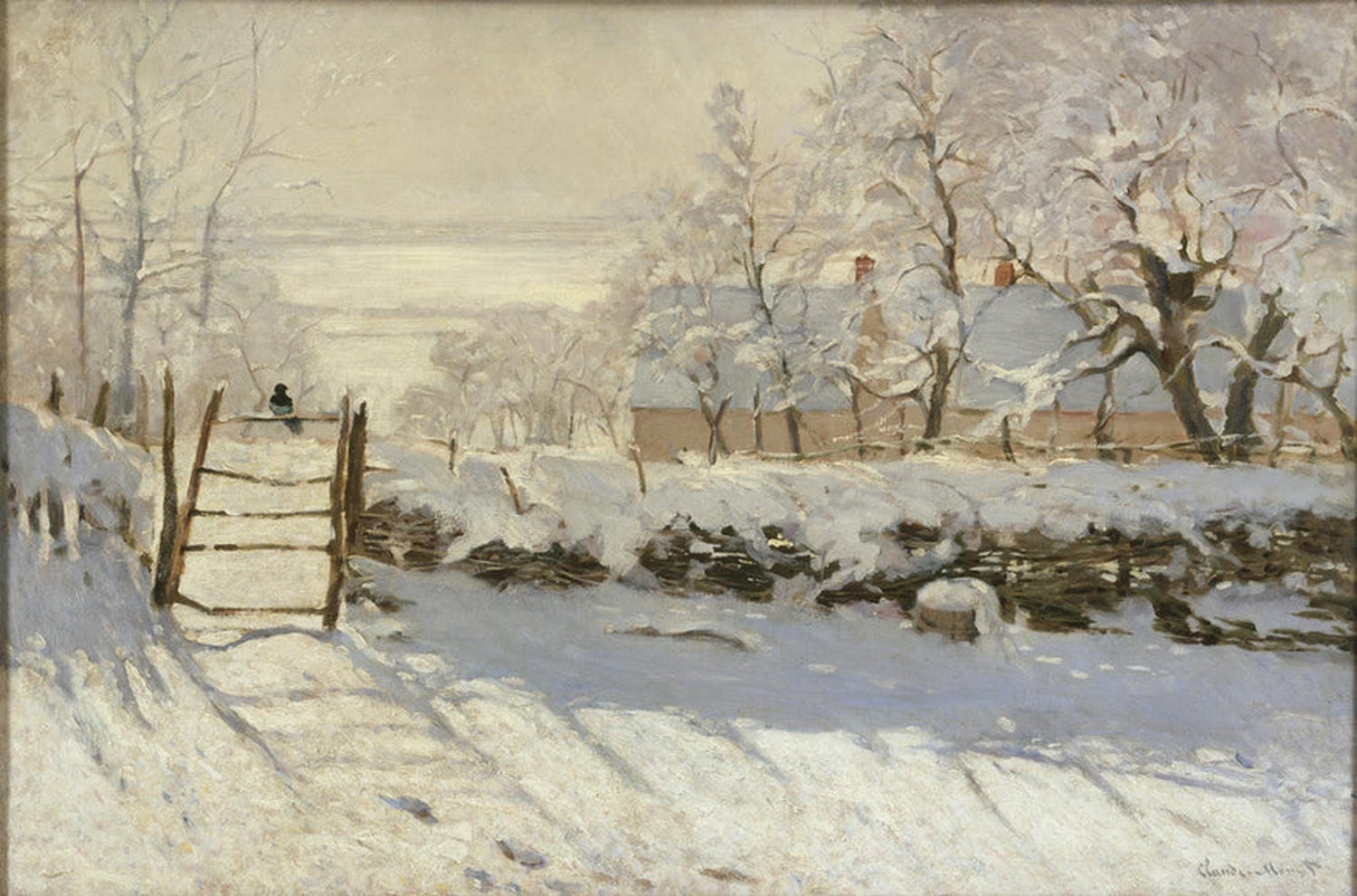 Das Gemälde von Claude Monet zeigt eine winterliche Landschaft mit einem Baum und einem Zaun, auf dem eine Elster sitzt. Der Schnee bedeckt die Umgebung, während sanfte Farben und Lichtreflexe eine ruhige, friedliche Stimmung vermitteln.