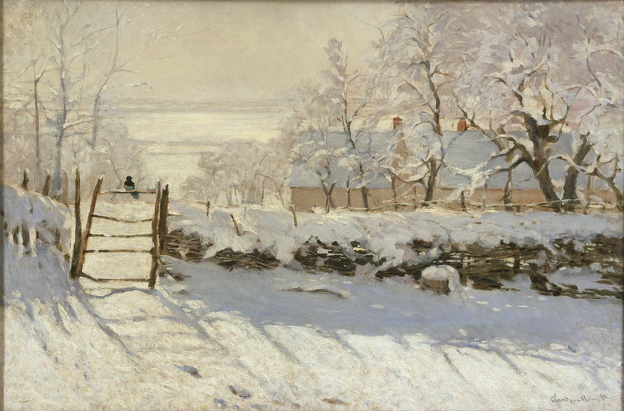 Das Gemälde von Claude Monet zeigt eine winterliche Landschaft mit einem Baum und einem Zaun, auf dem eine Elster sitzt. Der Schnee bedeckt die Umgebung, während sanfte Farben und Lichtreflexe eine ruhige, friedliche Stimmung vermitteln.