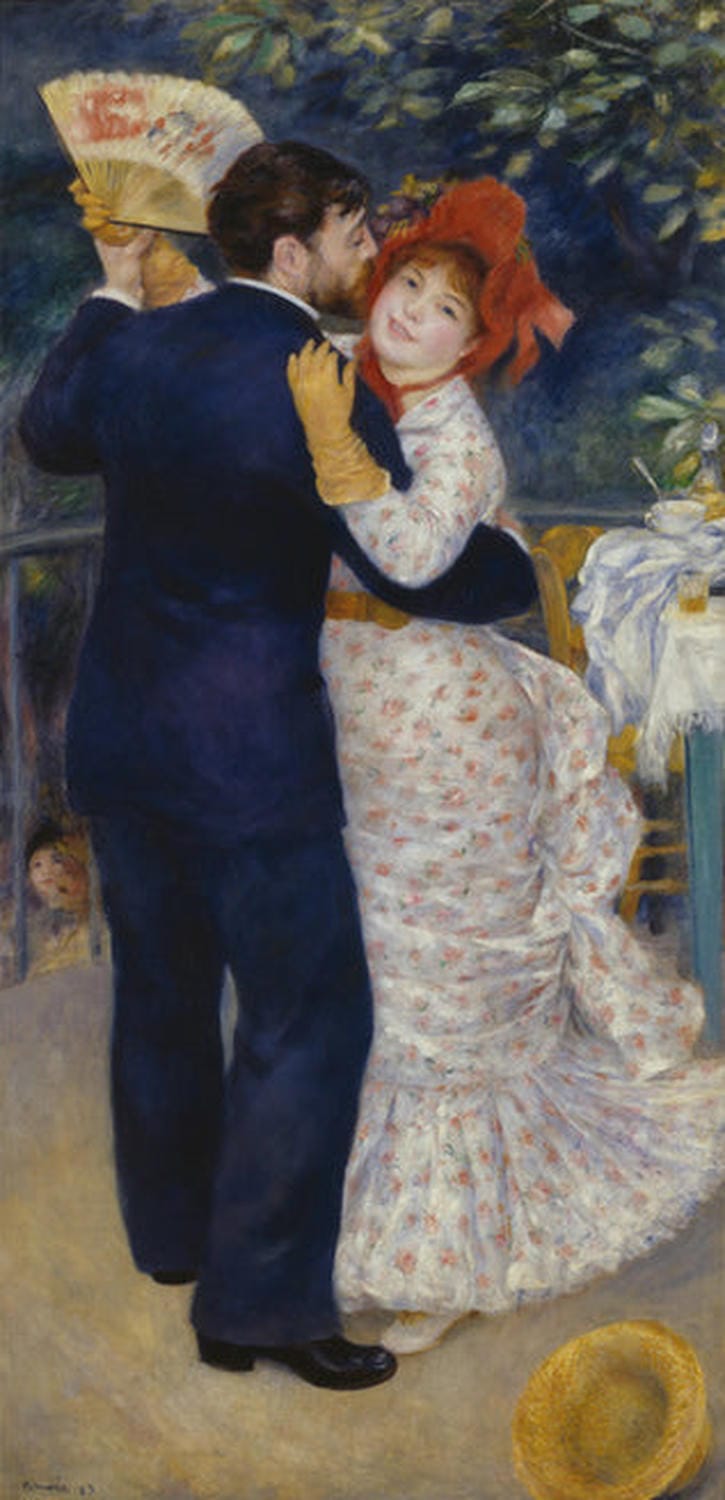 Das Gemälde Tanz auf dem Land von Pierre-Auguste Renoir zeigt eine lebhafte Tanzszene in einem Champagnergarten. Es fängt die fröhliche Atmosphäre und die lockere Eleganz des 19. Jahrhunderts ein, mit tanzenden Paaren und leuchtenden Farben, die die Freude des Moments widerspiegeln.