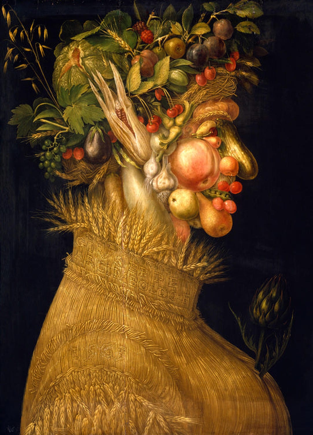 Kunstdruck von Giuseppe Arcimboldos Sommer, das ein Porträt aus Früchten und Gemüse zeigt, das die Fülle und den Reichtum der Sommermonate symbolisiert.