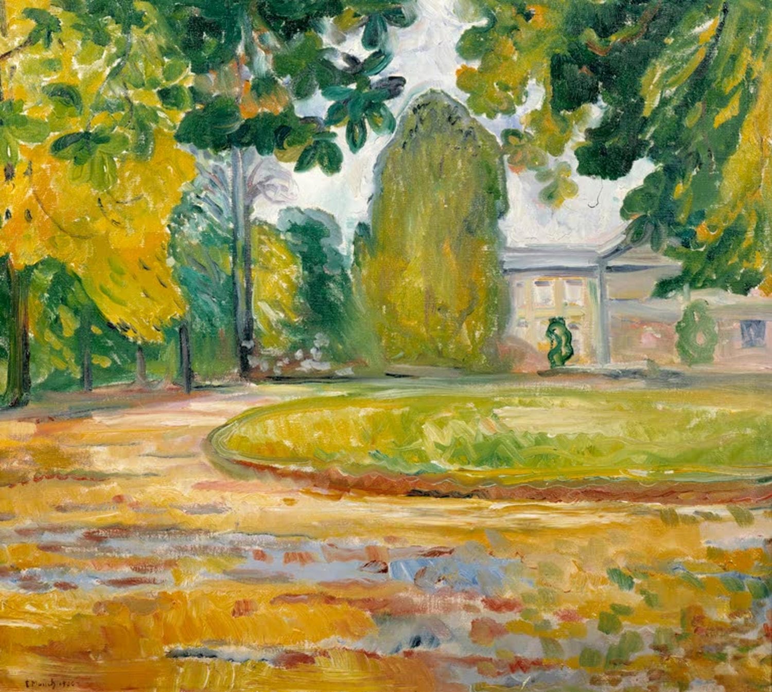 „Park in Kösen“ von Edvard Munch – Öl auf Leinwand, Landschaft mit Park und Bäumen
