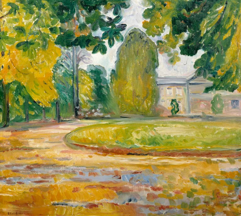 „Park in Kösen“ von Edvard Munch – Öl auf Leinwand, Landschaft mit Park und Bäumen