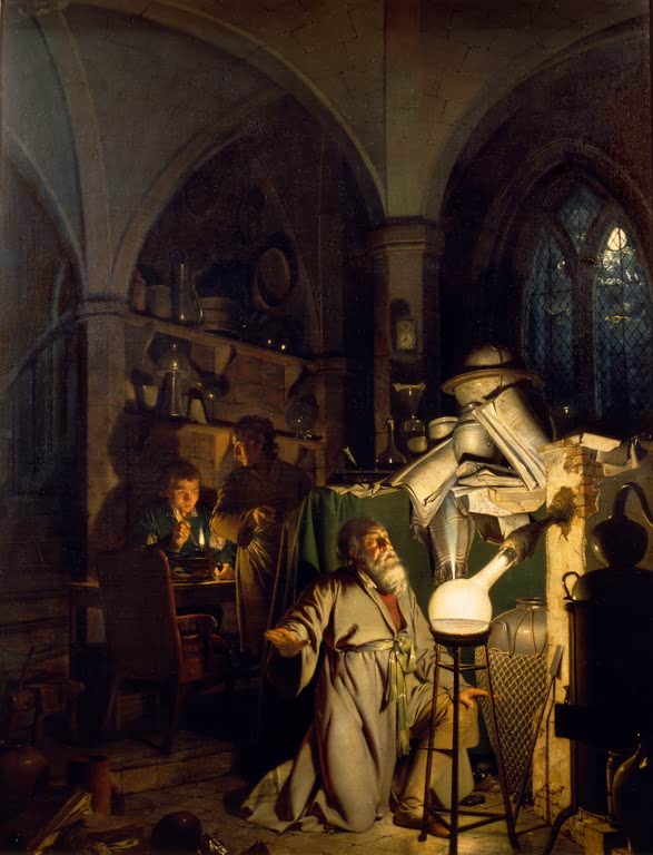 "Der Alchimist" von Joseph Wright of Derby – Gelehrter bei Experiment im Kerzenlicht, dramatisch beleuchtet.