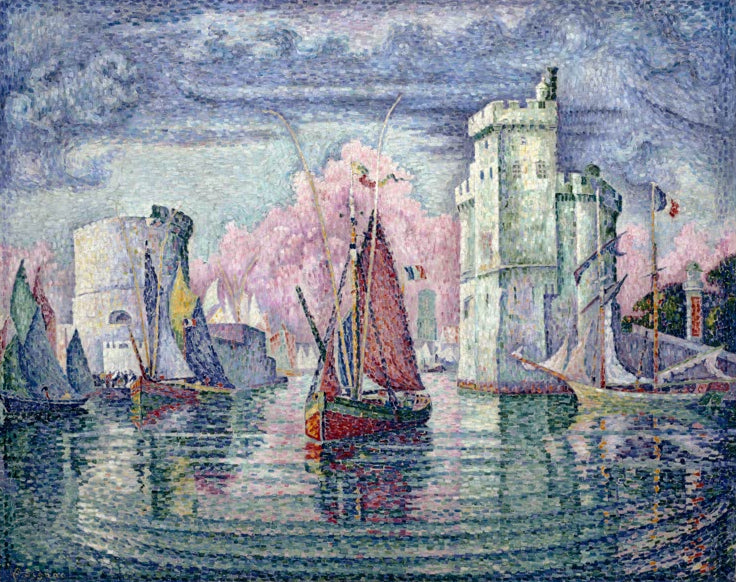„Hafen von La Rochelle“ von Paul Signac – farbenfrohe neoimpressionistische Hafenszene mit Booten, Wasser und historischen Türmen.