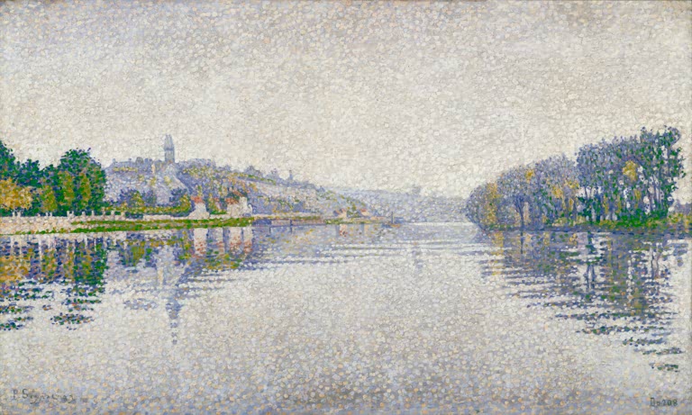 „Flussufer“ von Paul Signac – farbenfrohe neoimpressionistische Landschaft mit Fluss, Ufervegetation und weitem Himmel.