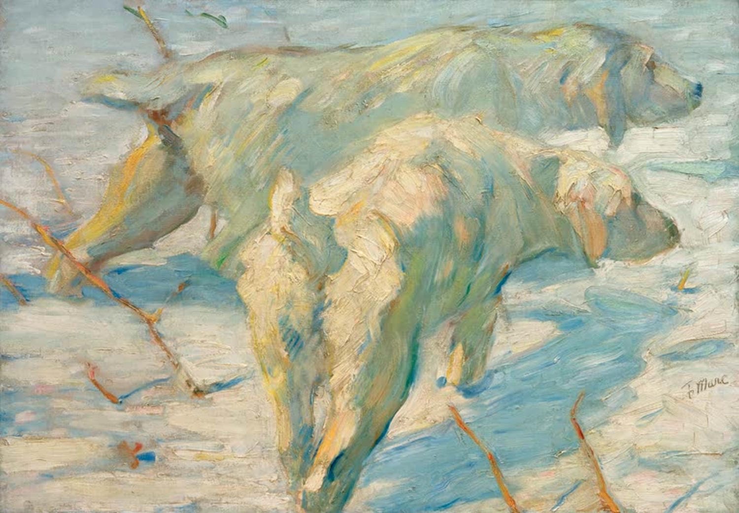 Kunstdruck „Sibirische Schäferhunde“ von Franz Marc – expressionistisches Hundeporträt als hochwertiger Kunstdruck, auf Leinwand oder Poster, optional gerahmt, handgefertigt in Deutschland.