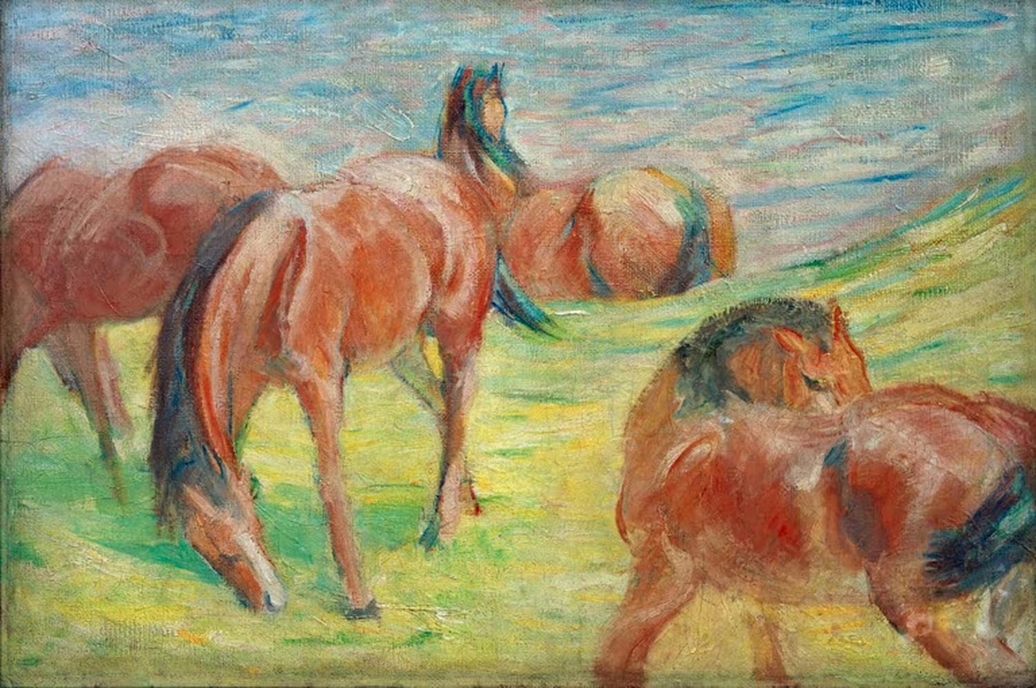 Kunstdruck „Weidende Pferde I“ von Franz Marc – expressionistisches Pferdemotiv als hochwertiger Kunstdruck, auf Leinwand oder Poster, optional gerahmt, handgefertigt in Deutschland.
