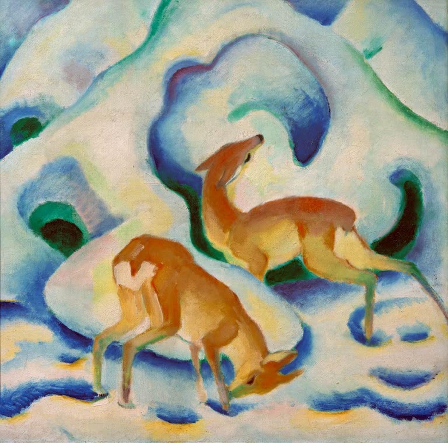 Kunstdruck „Rehe im Schnee“ von Franz Marc – winterliche Rehe in expressionistischer Landschaft als hochwertiger Kunstdruck, auf Leinwand oder Poster, optional gerahmt.