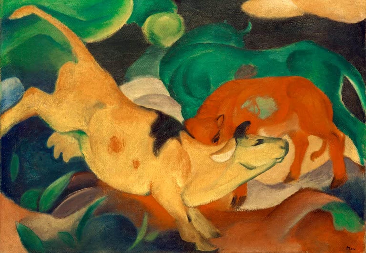 Kunstdruck „Kühe - rot, grün, gelb“ von Franz Marc – farbenfrohes expressionistisches Kuhmotiv als hochwertiger Kunstdruck, auf Leinwand oder Poster, optional gerahmt, handgefertigt in Deutschland.